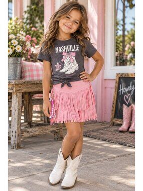 Derek Heart Girl Pink Grey 2 Piece Set Nashville T Shirt Fringe Skort Outfit 7-8